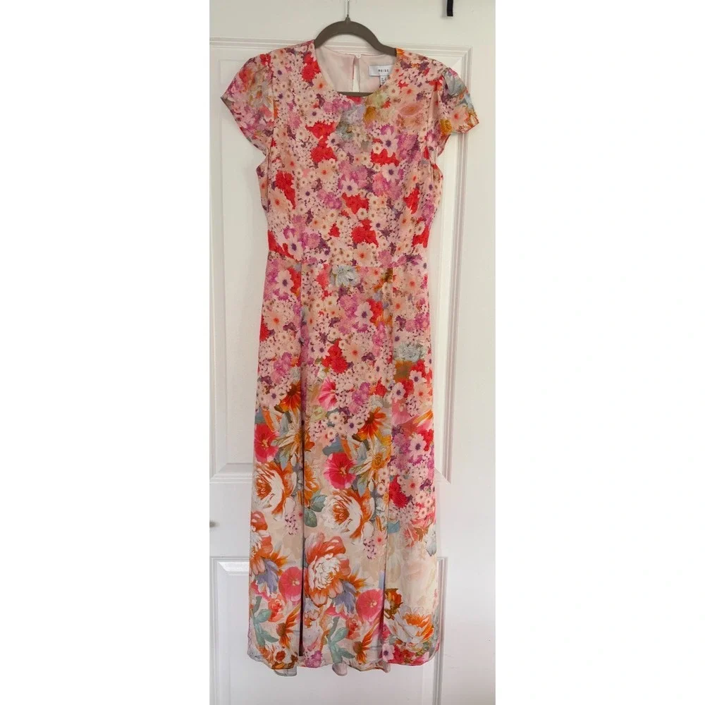 Reiss NWT Floral Ombre Midi Dress US 8 Pink Multicolor Slit Wedding Guest $290 - Picture 14 of 14